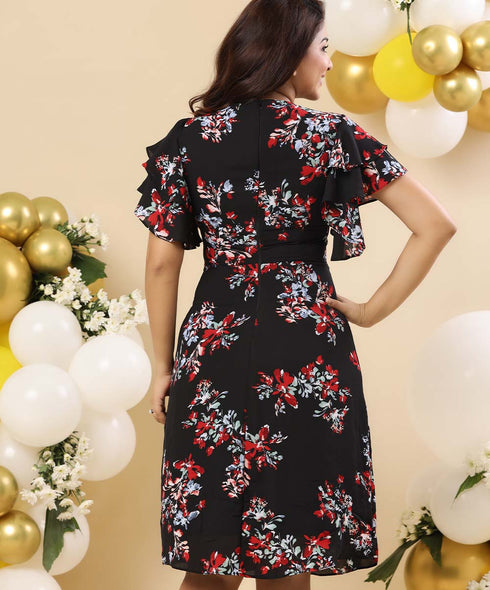 Vneck Front Bow Printed Chiffon Dress